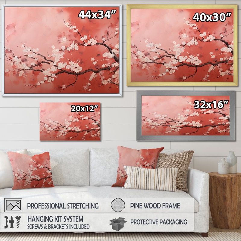 Fleur de cerisier rose et blanc 4 - Art mural cerise, Cadre de coin argenté fermé, H 16 po x l 32 po x P 1 po
