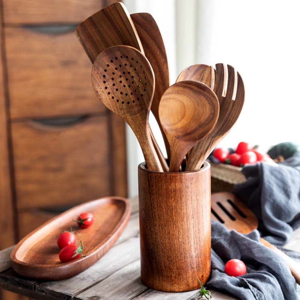 Wooden Utensils for Cooking Set with Holder, Natural Nonstick Teak Wood  Spoons Spatula and Spoon Rest, Cookware for Kitchen, Handmade Utensil  Pieces, Durable Tools, Healthy and Eco-friendly, Set of 12 