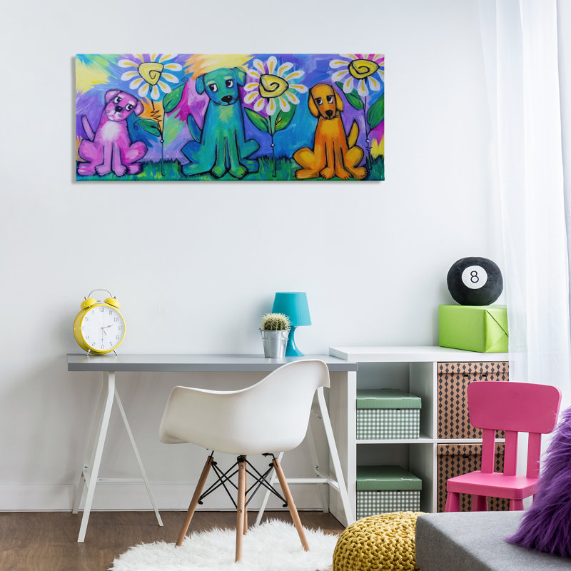 «Puppy Trio with Daisies», art mural par Nettie Price, H 20 po x l 48 po