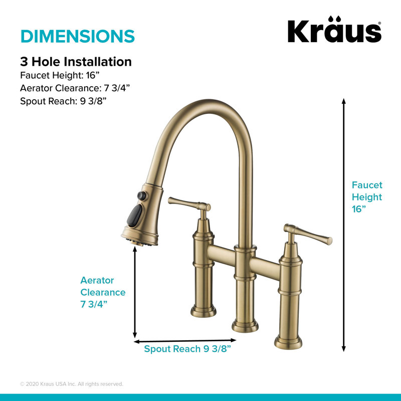 Robinet de cuisine à pont transitionnel et filtre à eau Kraus Allyn, Or brossé, Sans filtre à boissons