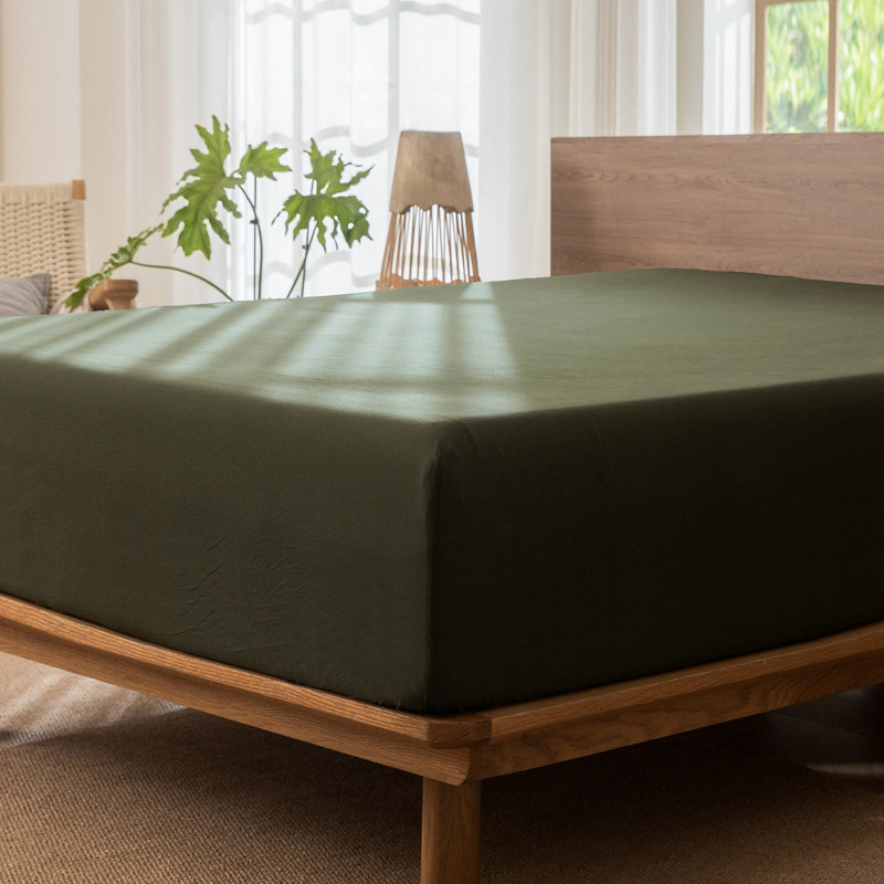Drap-housse MooMee 100% coton lavé extra profond, Grand lit, Vert olive