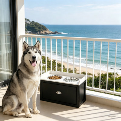 Gamelles surélevées pour chiens en acier inoxydable, acier et polyéthylène (1 lot), noires, design surélevé, rangement intégré, grande capacité