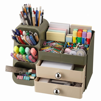 Multi-Functional Desktop Organizer with Compartmentalized Storage, Plastic Desk Storage Caddy with 2 Drawers, Multiple Slots for Office Supplies Acces