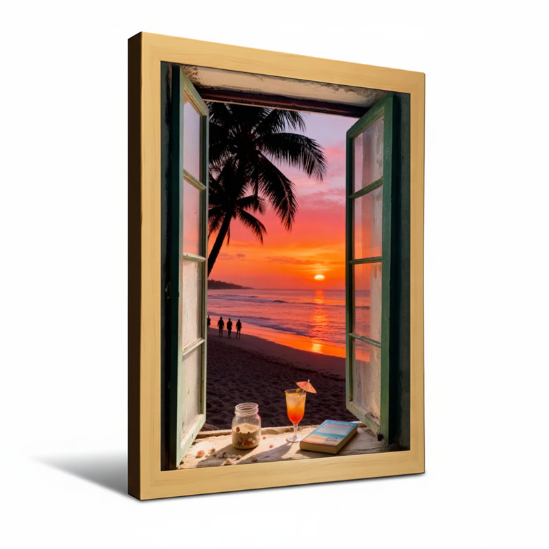 Paysage et nature, coucher de soleil tropical, plage, palmier, fenêtre, cocktail, Toile tendue, Ne s’applique pas