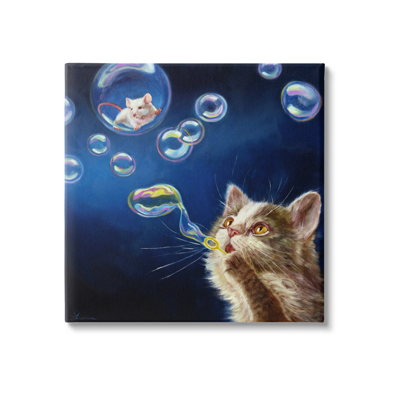 Chat et souris soufflant des bulles sur toile, H 24 po x l 24 po x P 1,5 po