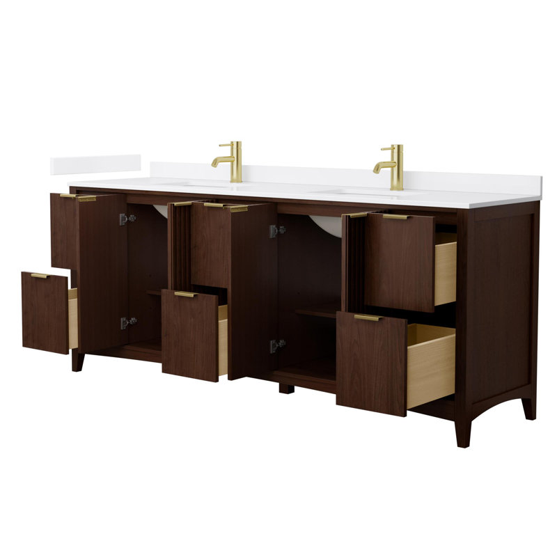 Palmilla 84" Freestanding Double Bathroom Vanity with Cultured Marble Top, Brown, Brushed Gold, White