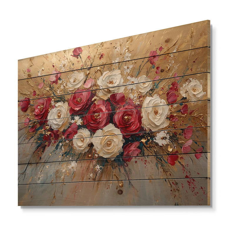 Fleurs sauvages et rose, harmonie d'automne - Roses, art mural sur bois de pin naturel, H 24 po x l 32 po x P 0,78 po