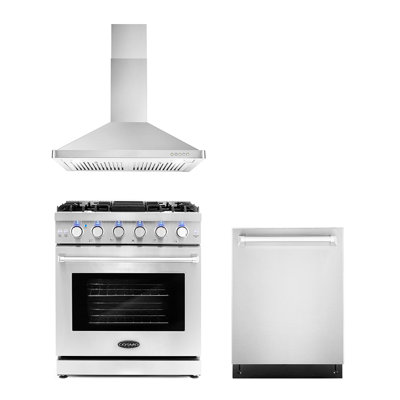 Cosmo 3 Piece Kitchen Appliance Package with 30'' Gas Freestanding Built-In Wall Mount Range Hood