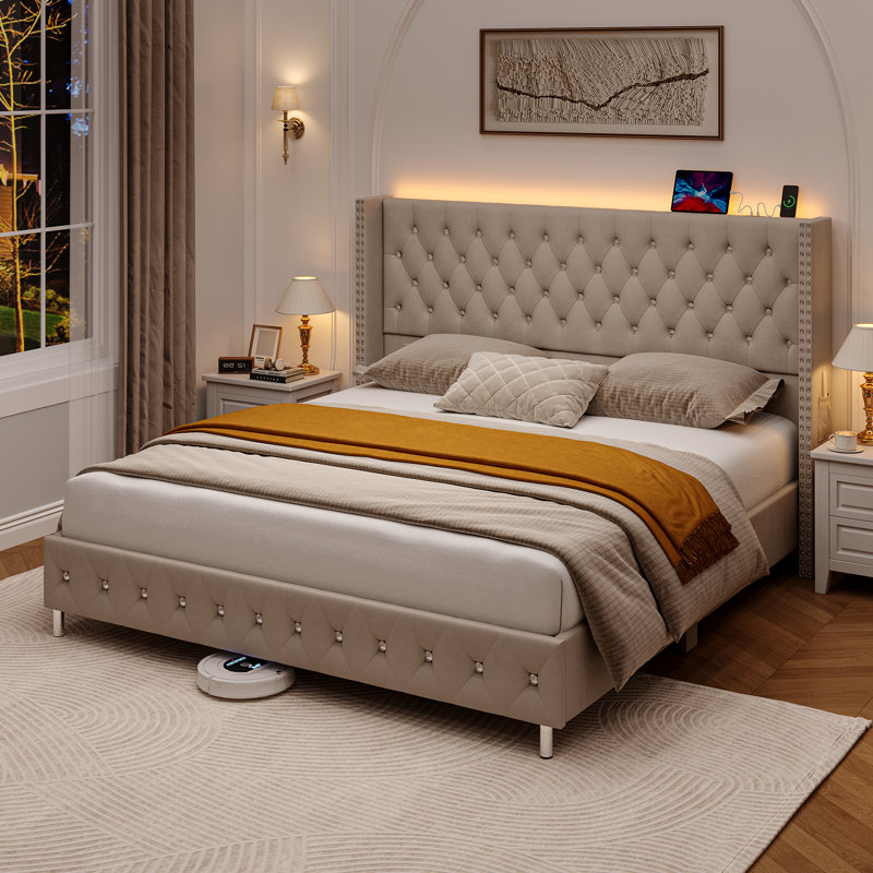 Milun Queen white Upholstered Platform Bed with Wingback and LED, Queen, Beige