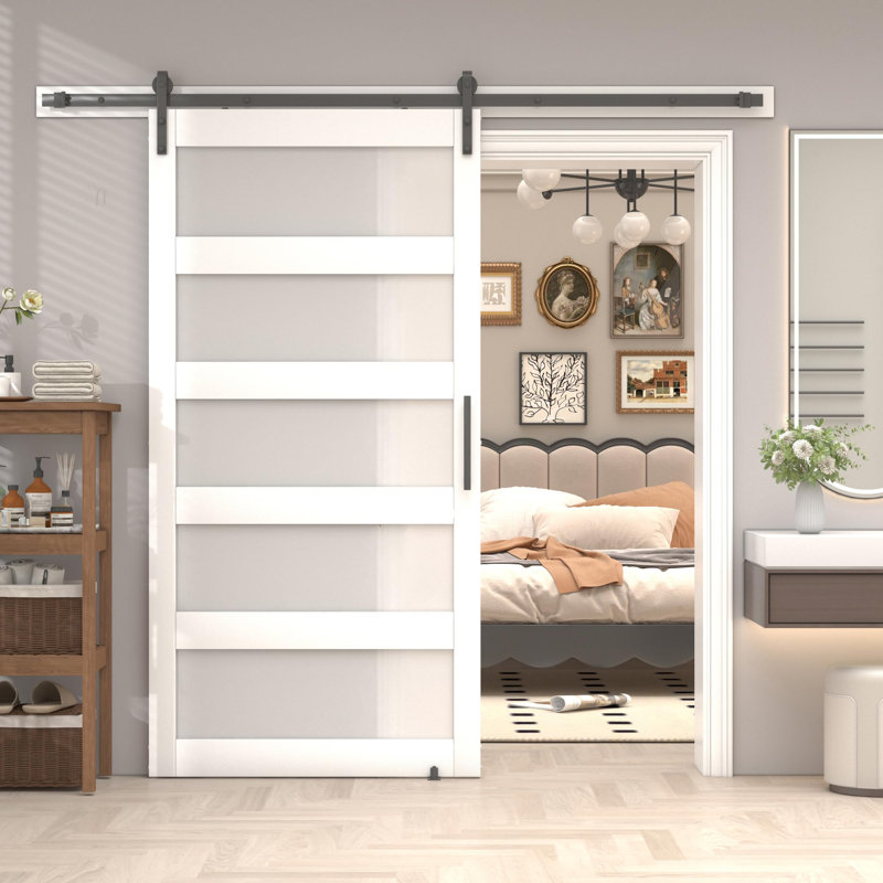 Porte de grange coulissante intérieure en verre trempé givré 42 po x H 84 po x 5 po avec quincaillerie et surface en PVC résistant aux rayures
