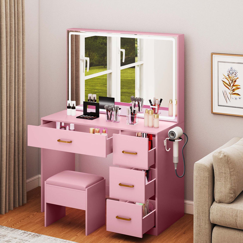 Pink Makeup Vanity Table Set Stool with USB Power Outlets, LED Lighted Mirror, Storage Drawer, Hairdryer Holder