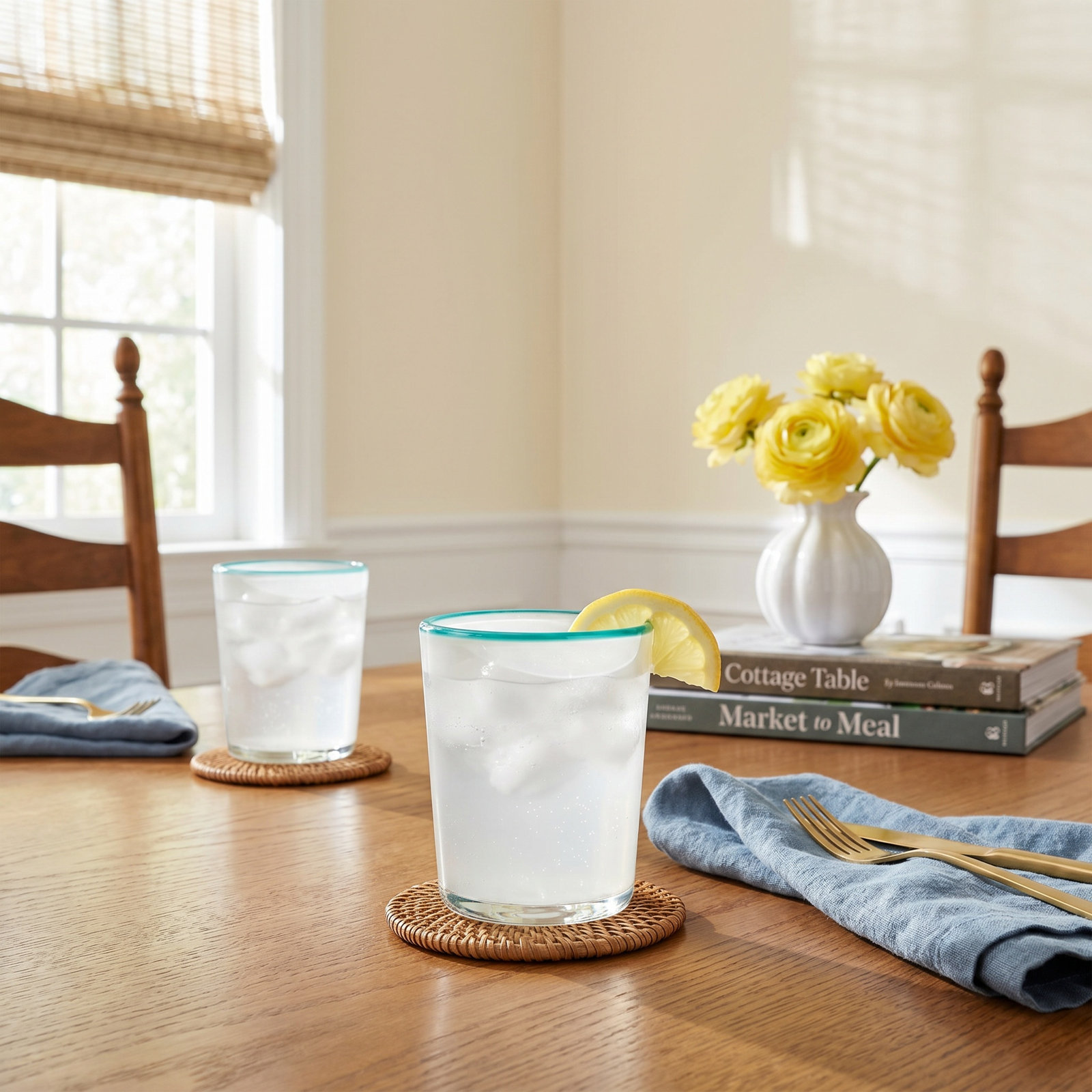 Sarya Drinking Glass, 15 oz., White/Blue