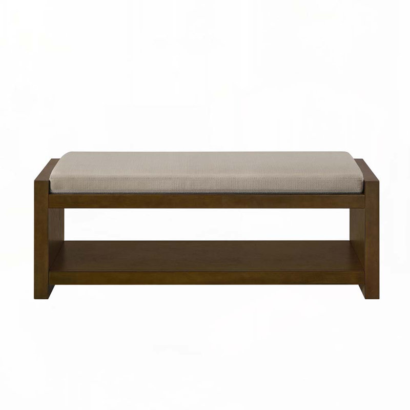 Wood Frame Storage Bench with Removable Cushion, Lower Shelf, Linen
