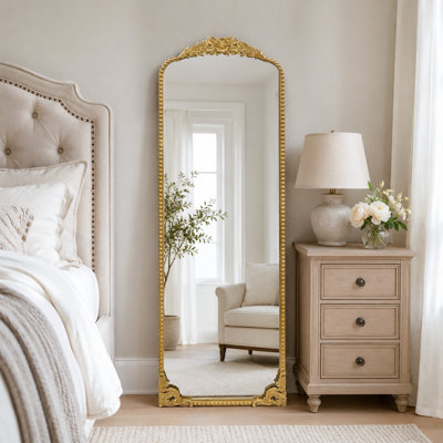 Vintage Gold Arched Wall Mirror – Ornate French Antique Style Decorative Mirror, Large Arched Vanity Mirror for Entryway, Fireplace, Living Room or Bedroom, Wall Mounted or Leaning
