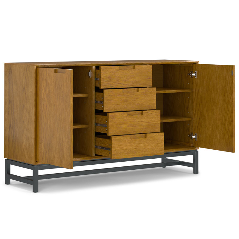 Buffet industriel à 2 portes en placage de chêne l 60 po avec tiroirs centraux et base en métal Banting