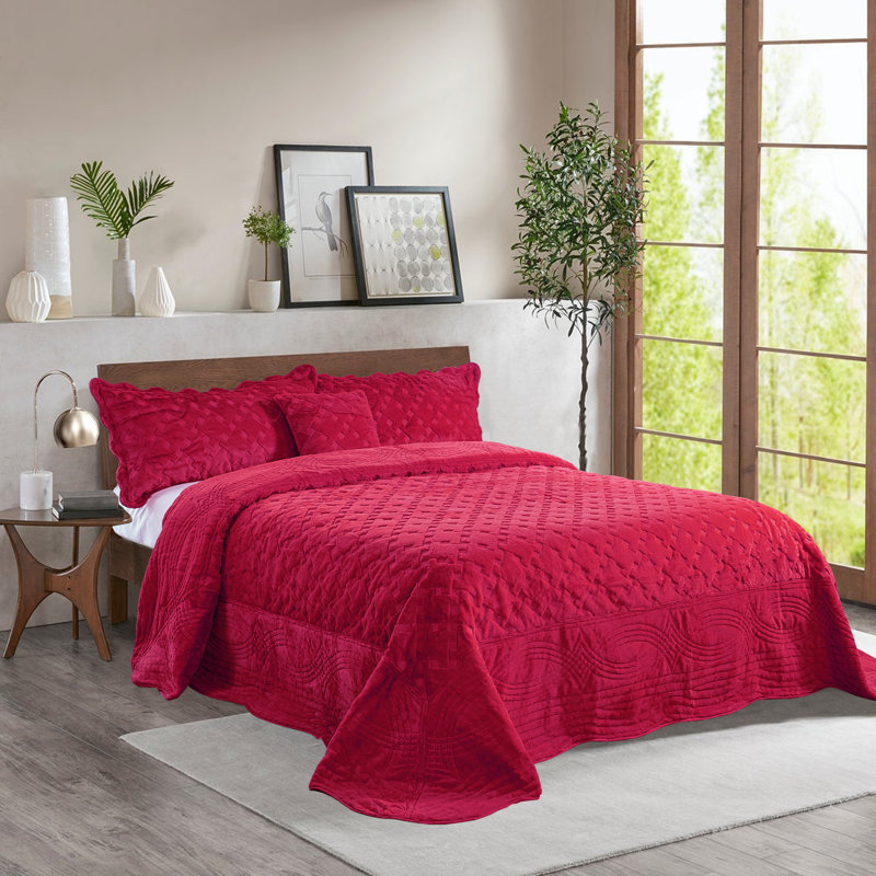 4 Piece Tatami Quilted Faux Fur Set, King Coverlet + 3 Additional Pieces, Tango Red