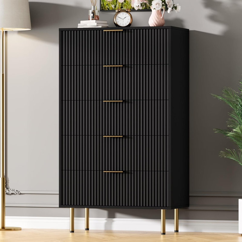 Fluted Wood Dresser, Modern 5 Drawers Dresser With Gold Handle, Wood Drawer Organizer, Black