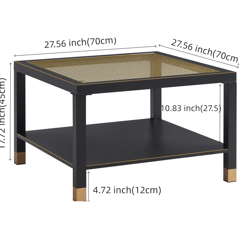 Table basse industrielle avec cadre noir mat 27,6 po, verre maillé doré, pieds en métal trempé de calibre 6 mm, stable et testé pour vaciller