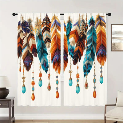 2Pcs rideaux à motif de plumes bohémiennes, style décoratif coloré Dreamcatcher décorant la lumière filtrant les rideaux de fenêtre pour le salon