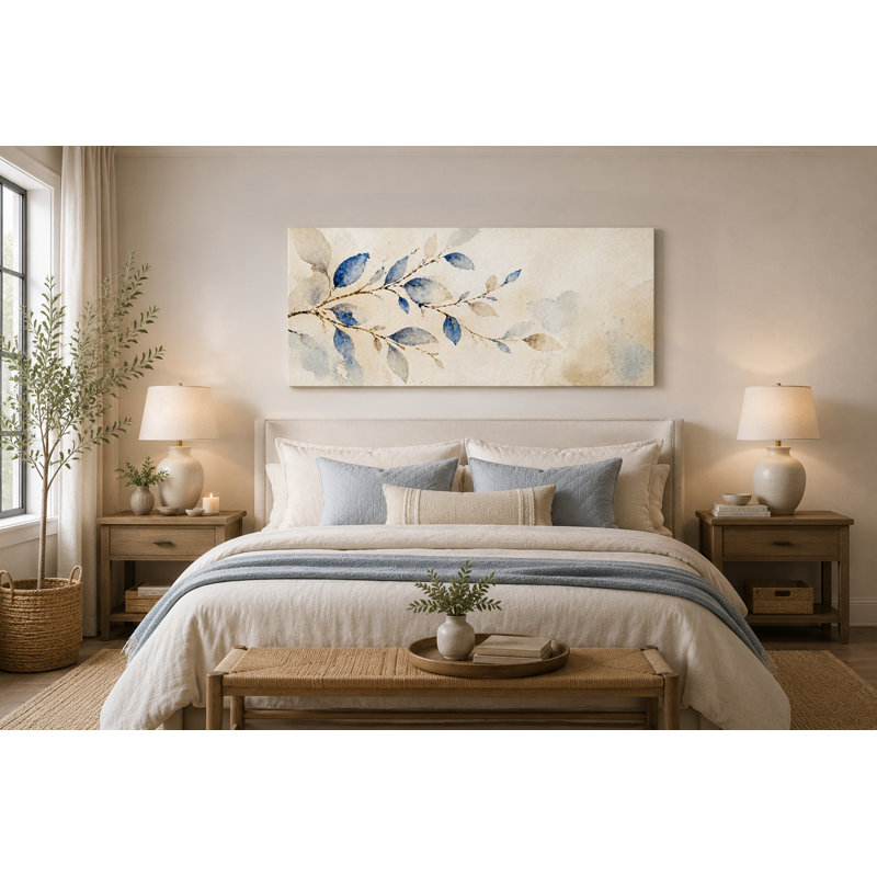«Blue Botanical Leaf», art mural, peinture de branche florale beige, décoration murale moderne sur toile tendue