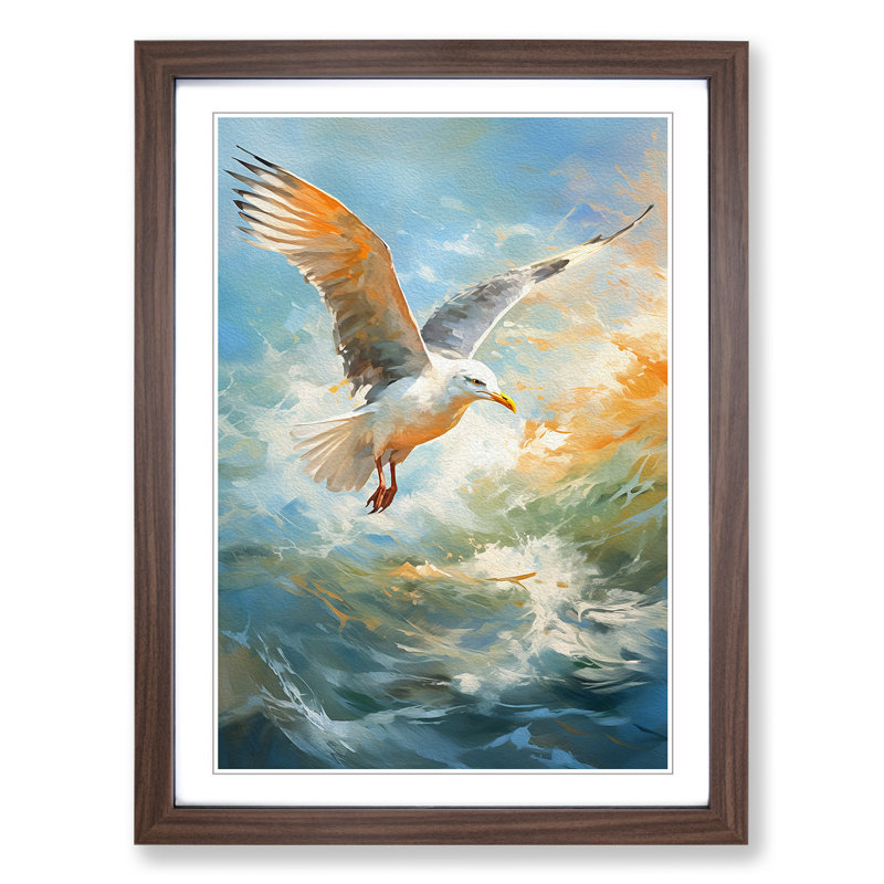 Seagull Impressionism - Single Picture Frame Print on Wood, Walnut, 34cm H x 25cm W x 2cm D