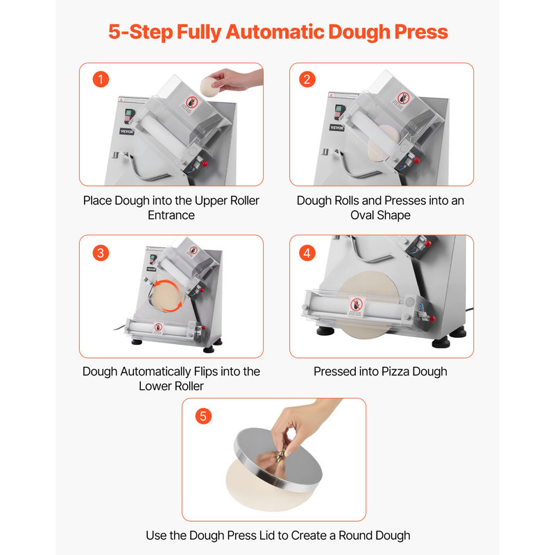 Laminoir à pizza, machine à pizza automatique en acier inoxydable de 3 à 14 pouces, machine à pâtes électrique commerciale de 370 W, 260 pièces par heure, épaisseur réglable, avec couvercle pour presse à pâte
