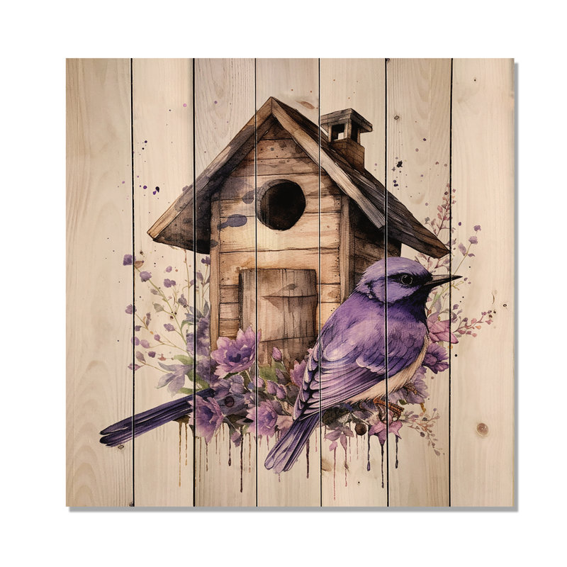 Mauve lavande nichoir I - impression florale de lavande sur bois de pin naturel, H 15 po x l 15 po x P 0,78 po