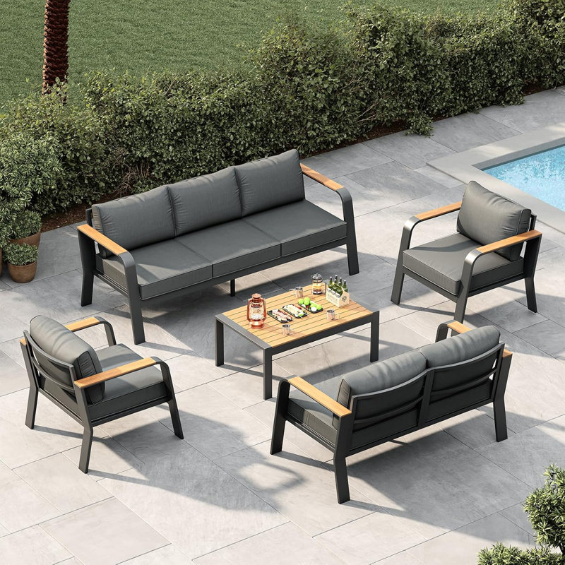 Ensemble de conversation de patio en aluminium 5 pièces, coussins lavables, table basse, gris