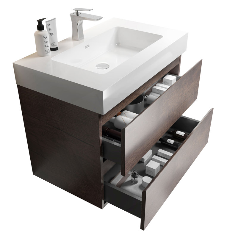 Meuble-lavabo mural de 30 po avec lavabo et beaucoup de rangement, Noyer, 30", Blanc