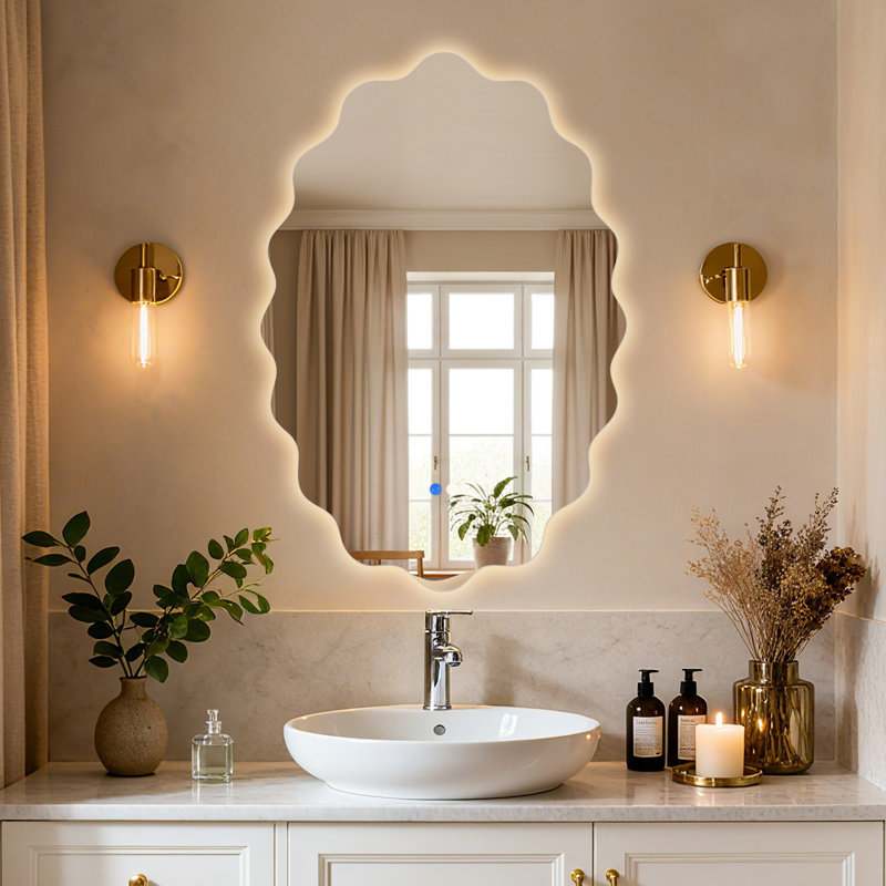 Miroir de salle de bain ovale festonné et illuminé à DEL avec antibuée, température de couleur 3 et contrôle tactile à intensité variable