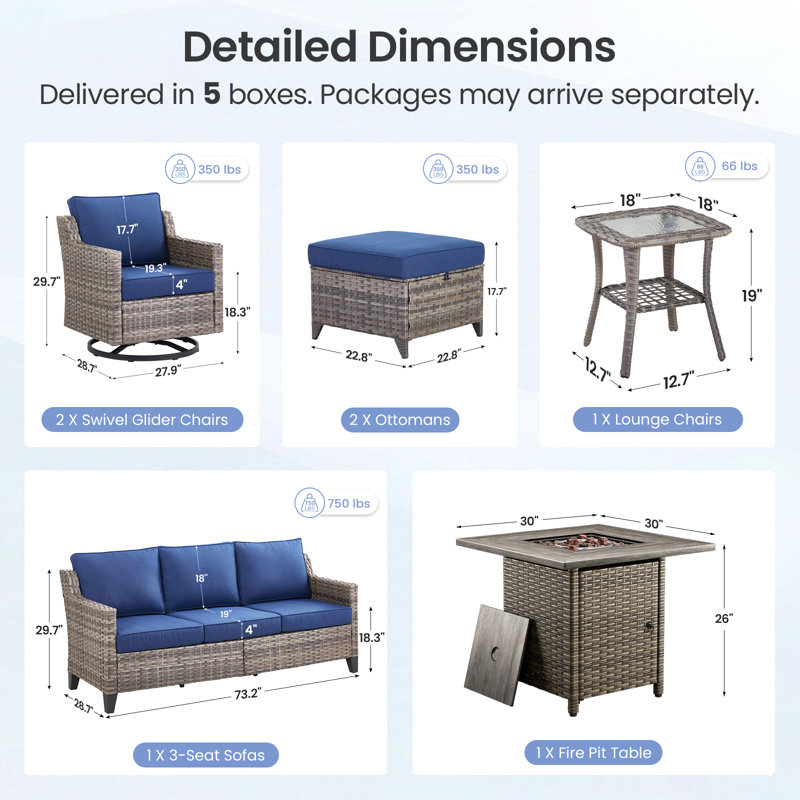 Maelie 7-Piece Outdoor Patio Fire Pit Conversation Set With Square Fire Pit, Swivel Gliders, Ottomans And Side Table, Blue