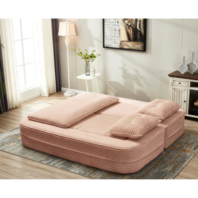 Pink 80" King Size Multi Functional Bed With Blanket, Independent Chaise Lounge, And High - Elastic Foam Filling Corduroy Sectional Convertible Floor Function, No Assembly