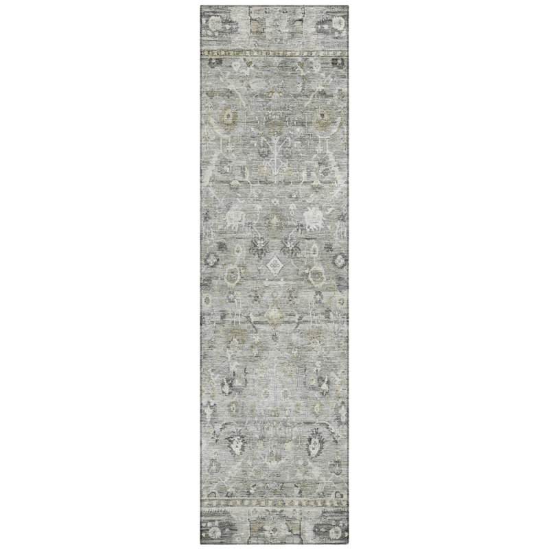 Machine Washable Indoor/Outdoor Xhevrie Pewter Rug, Runner 2'3" x 7'6"