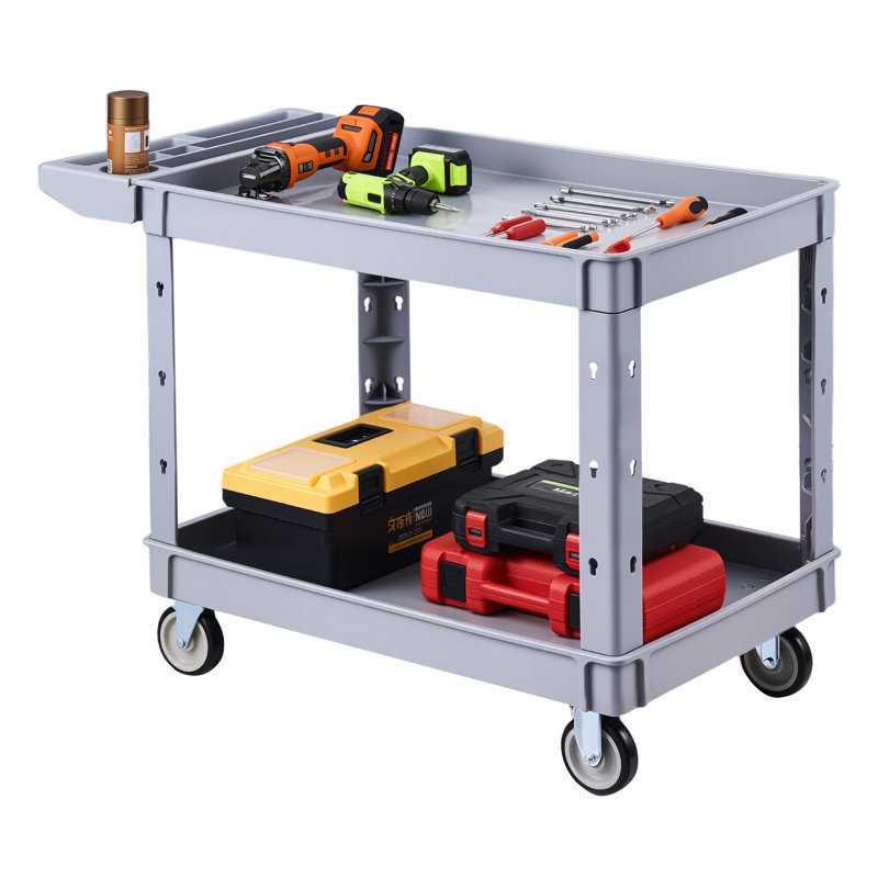 Utility Cart, 550 lbs Load Capacity, 2-Tier Rolling Service Cart with 360° Swivel and Fixed Wheels (2 Brakes), Durable Plastic Design with Storage Tray, Ideal for Garage, Warehouse, and Workshop Use, Gray