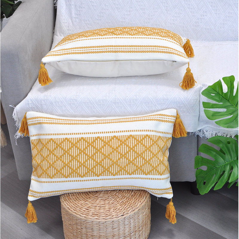 Mustard Yellow and Cream Cotton Boho Lumbar Pillowcases with Tassels