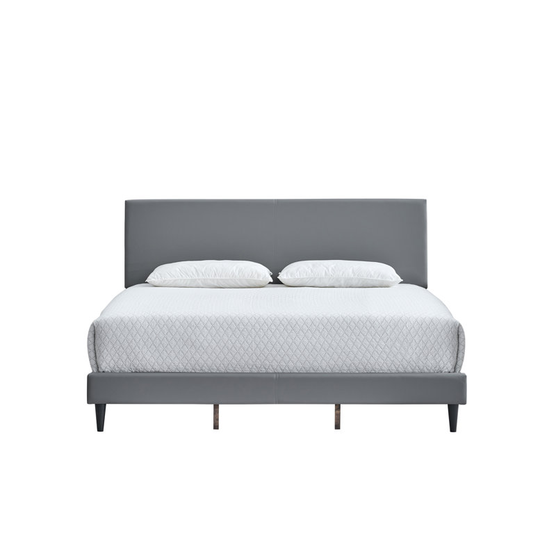 Baron G00703-QB-Queen Size Platform Bed , LIGHT GREY Faux Leather, Gray, Queen