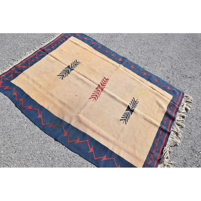 Kilim turc rétro tissé à la main avec un motif géométrique bleu pour un décor de style bohémien