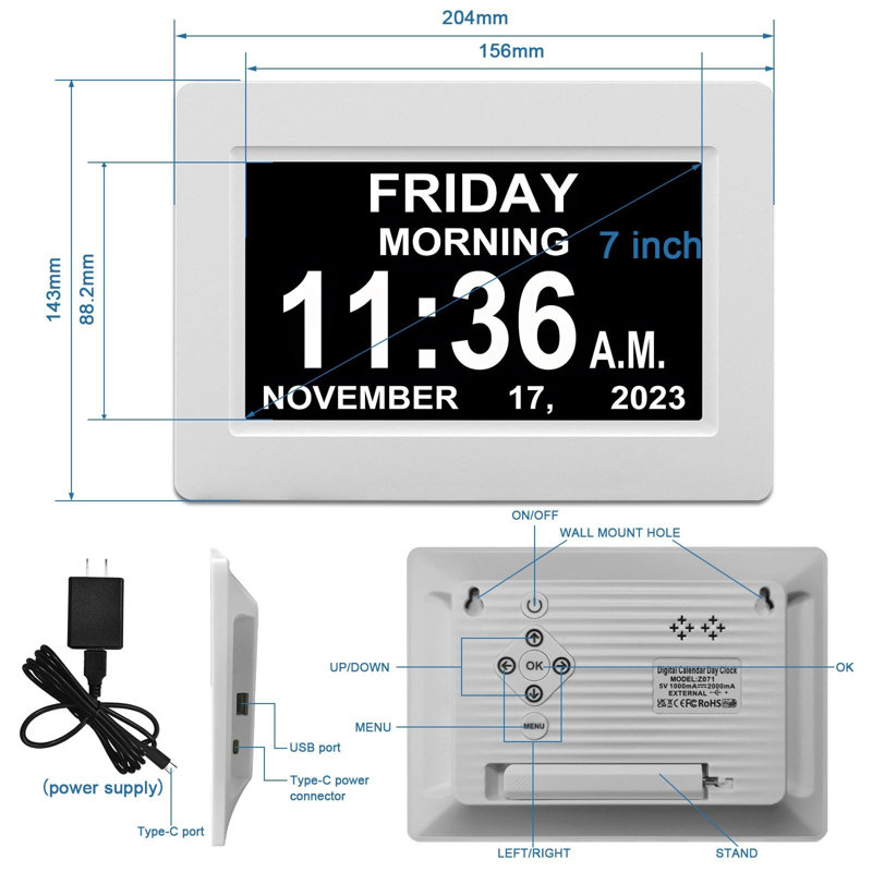 7-inch Calendar Clock with 12 Alarms, Auto Dimmable Display, Large Vision Impaired Digital Clock, White