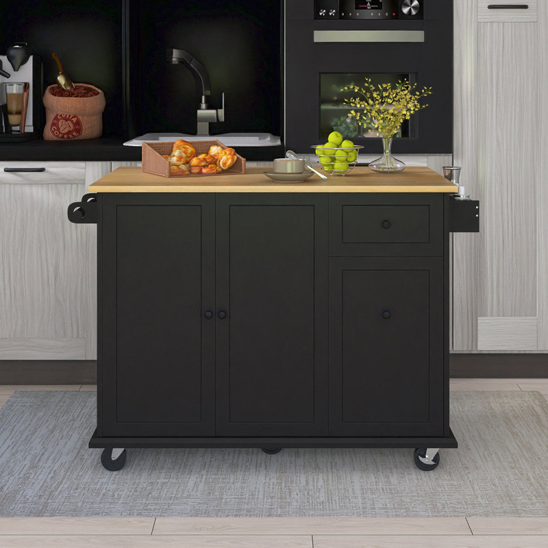53.9" Rubber Wood Drop-Leaf Countertop Kitchen Cart With Spice Rack & Towel Rack, Black