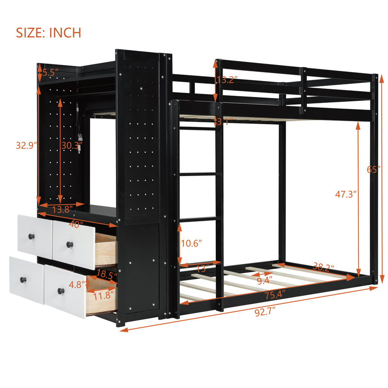 Lit superposé simple au-dessus de simple avec commode éclairée, support suspendu et tiroirs de rangement, Noir