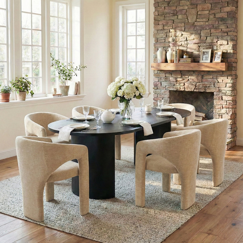 Ensemble de salle à manger 7 pièces moderne avec table à piédestal ovale noire de 79 po et 6 fauteuils sculpturaux à large siège