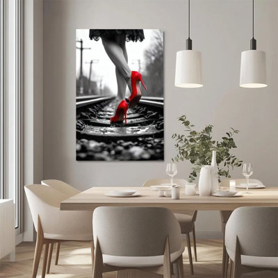 1Pc Framed Canvas Poster Print Red High Heels, Walking on the Railway Tracks, Black and White Contrast Art Style Wall Decor, Perfect for Room Decor Living Room Bedroom Office Kitchen Bathroom Home Decor, Rustic & Modern Ideal Home Wall Decoration