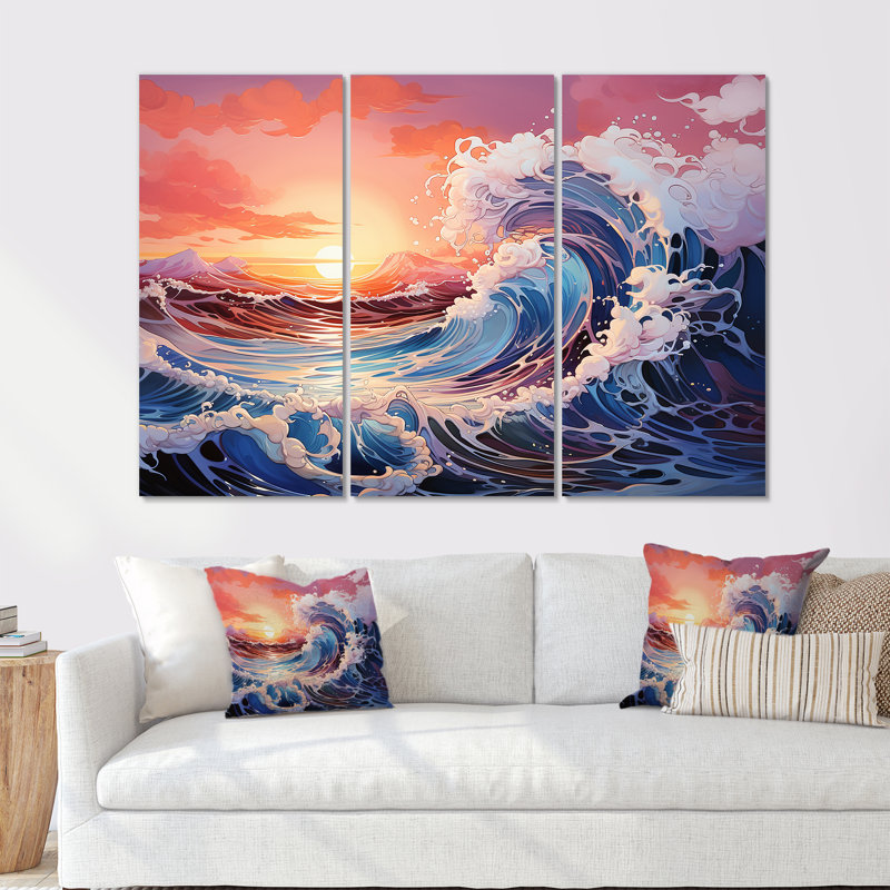 Japon, Kanagawa, vague lever de soleil I - océan, art mural sur toile, Toile tendue, H 32 po x l 48 po x P 1 po