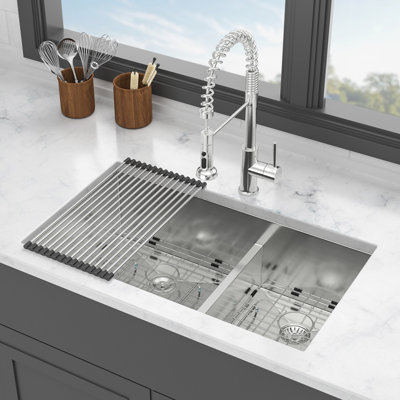 33 - Inch Double Bowl Undermount Kitchen Sink With 60/40 Design, 16 Gauge, Two 10" Deep Basins, Handmade By Skilled , Rear 3.5 Drain, X Grooves For Quick Draining, 3Mm Thick Soundproofing,