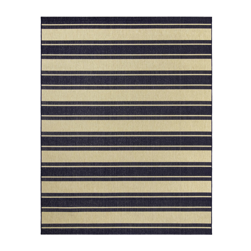 Solterra Renzo Navy Blue Beige Cream Modern Stripe Flatweave Polypropylene Indoor/ Outdoor Area Rug, Rectangle 5'3" x 7'