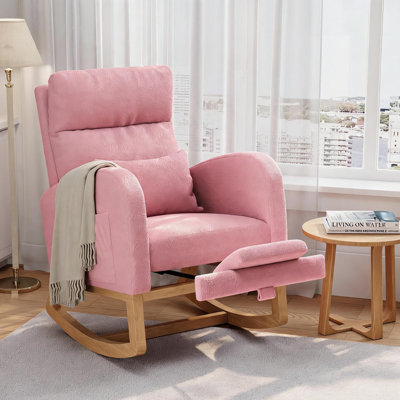 Chaise berçante en molleton avec repose-pieds Teddyy. Fauteuil de chambre de bébé moderne avec poches latérales et coussin. Chaise berçante pour le salon, la chambre à coucher et la salle d'allaitement. Rose