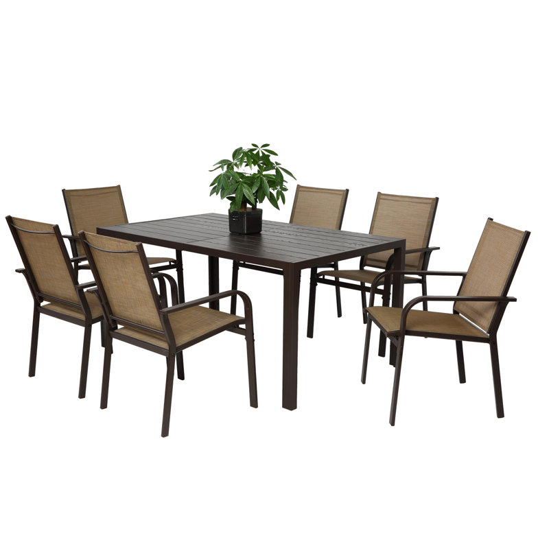 7 ensembles de salle à manger d'extérieur - table rectangulaire brune et 6 chaises pour les meubles de jardin empilables