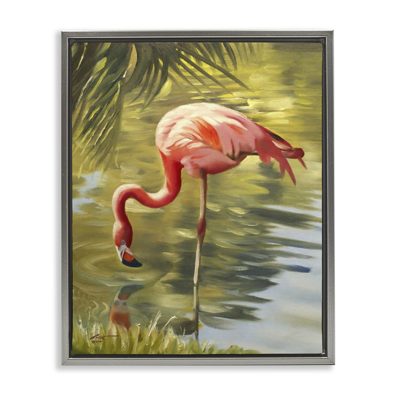 «Flamingo Shallow Pond», art mural par D. Rust, H 21 po x l 17 po, Cadre flottant gris lustré