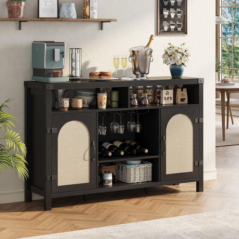 Buffet 59,1 "en rotin avec support à vin et tablettes réglables, Brown