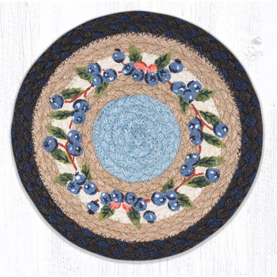  Round Jute Trivet 10"x10" – Blueberry Vine Print with Braided Natural Design